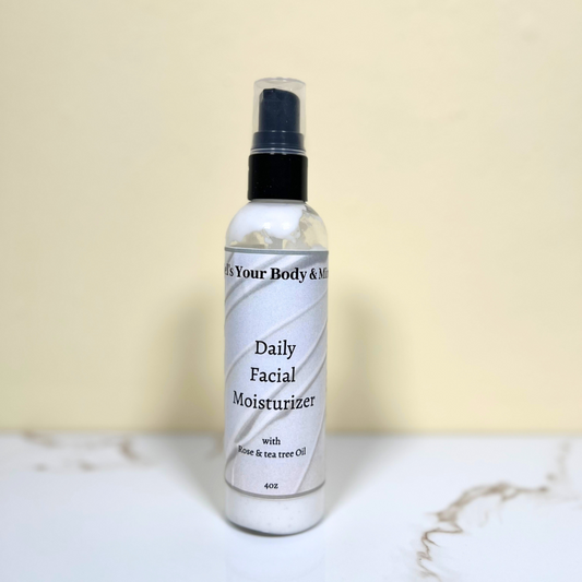 Bottle of daily facial moisturizer with a marble label on a light background