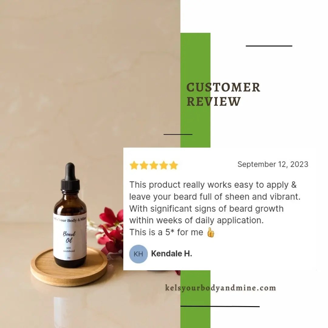 Customer review of Kel's Your Body & Mine Beard Oil – See how this nourishing oil softens beards, promotes healthy growth, and reduces itchiness for a well-groomed look.