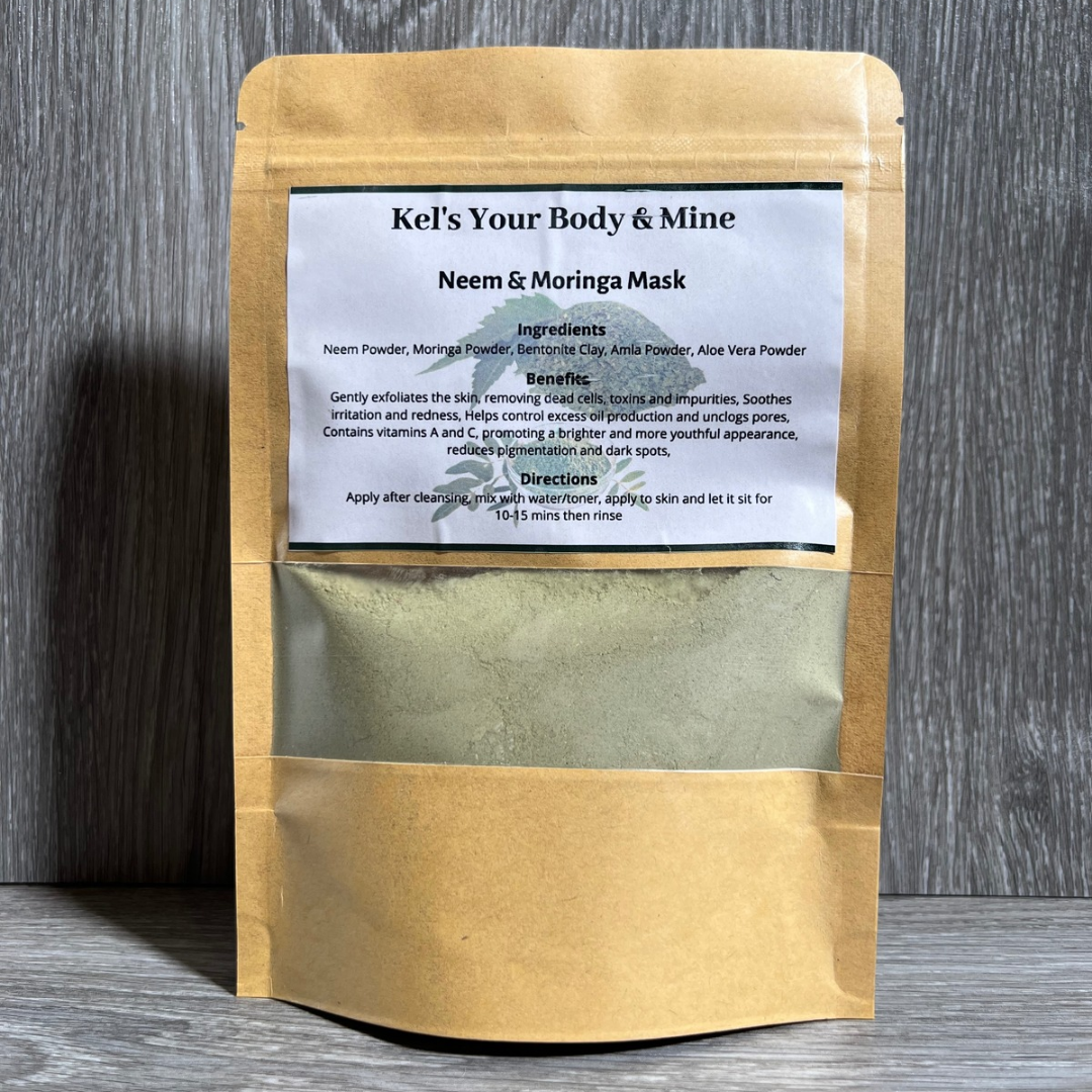 Kel's Your Body & Mine Neem & Moringa Mask – A nourishing green clay mask infused with the purifying power of neem and the revitalizing benefits of moringa. Packed in an eco-friendly jar, this detoxifying face mask helps clarify and refresh the skin for a natural glow
