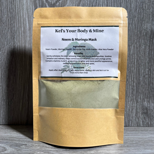 Kel's Your Body & Mine Neem & Moringa Mask – A nourishing green clay mask infused with the purifying power of neem and the revitalizing benefits of moringa. Packed in an eco-friendly jar, this detoxifying face mask helps clarify and refresh the skin for a natural glow