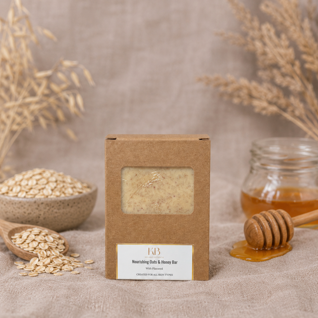 Nourishing Oat & Honey Bar from Kel’s Your Body & Mine  a natural handmade soap bar in eco-friendly packaging, enriched with oats and honey for soothing, moisturizing skincare.