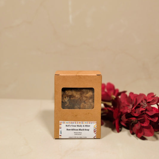 Kel's Your Body & Mine Raw African Black Soap – A 100% natural, handmade soap made with nourishing ingredients like shea butter and palm oil. Perfect for deep cleansing, exfoliating, and promoting clear, healthy skin.