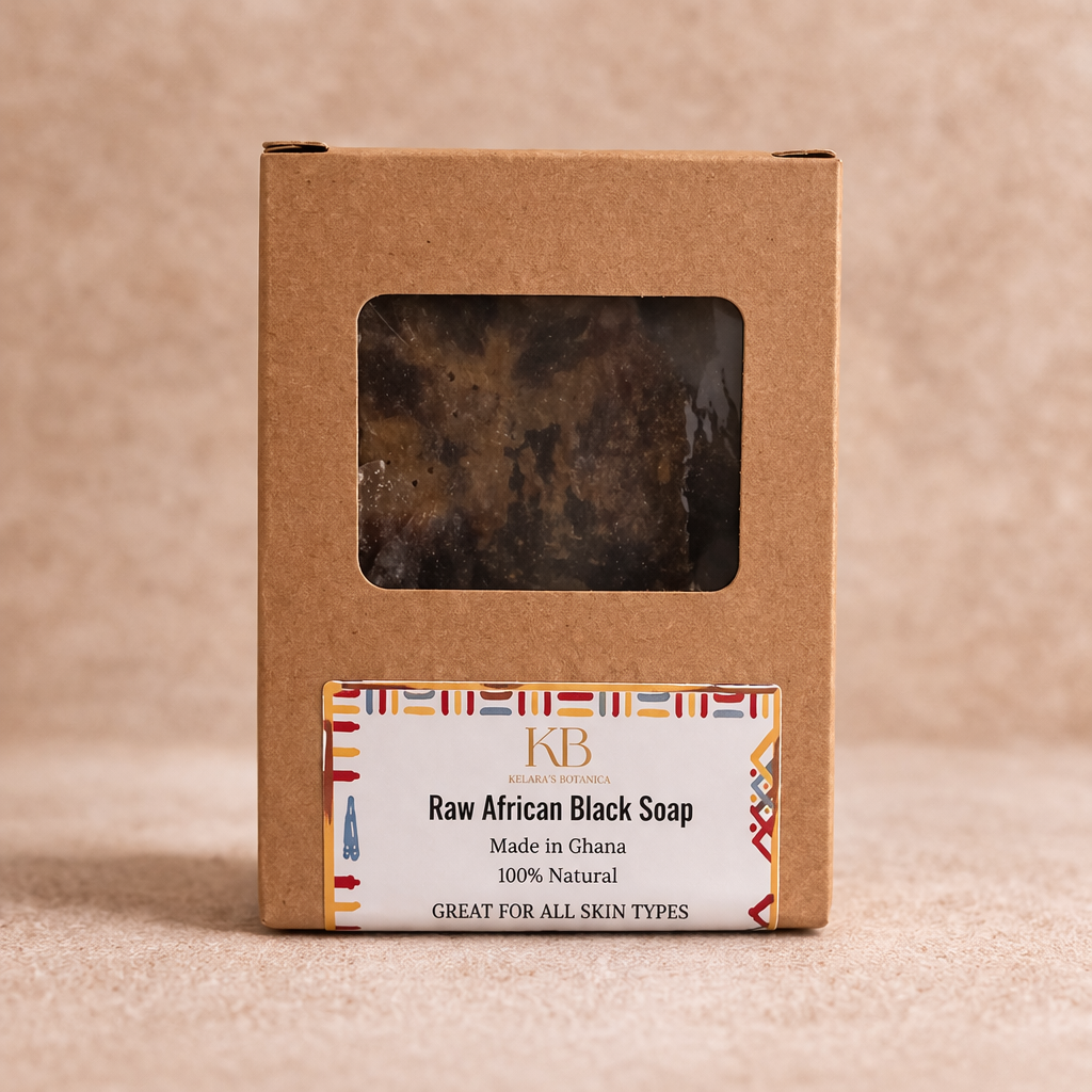 Raw African Black Soap packaging with a label on a beige background